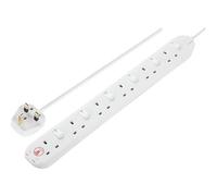 Masterplug Six Socket Extension Lead, 2 Metre Cable, Surge Protection, Individual Switches, Power and Surge LED Indicators, 6-Way Plug Extension Cable, Power Strip, White, 13A, 6G, 2m, SWSRG6210N