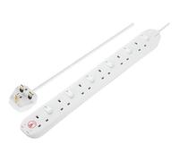 Masterplug Six Socket Extension Lead, Surge Protection, Individual Switches, Power and Surge LED Indicators, 2 Metre Cable, 6-Way Plug Extension Cable, Power Strip, White, 13A, 6G, 2m, SWSRG6210N
