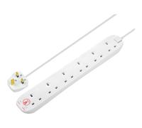 Masterplug Six Socket Extension Lead with Surge Protection, Power and Surge LED Indicators, Unswitched, 2 Metre Cable, 6-Way Plug Extension Cable, Power Strip, White, 13A, 6G, 2m, SRG6210N