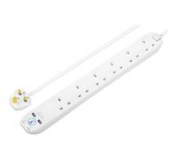 Masterplug Six Socket Surge Protected Extension Lead with 2 USB Ports, 2 Metres, White
