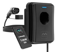 Masterplug Smart EV Home Wall Charger for Type 2 Electric and Plug-In Hybrid Vehicles, Tethered with 5m Cable, Mode 3, App Control, Solar Charging, Single Phase, Black, IP55, 7.4kW, 32A, EVCM3ST7B-MP