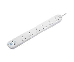 Masterplug SRGU6210N 6 Socket 2m 13A Surge Extension Lead + USB White