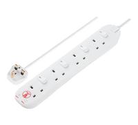 Masterplug Four Socket Extension Lead, 2 Metre Cable, Surge Protection, Individual Switches, Power and Surge LED Indicators, 4-Way Plug Extension Cable, Power Strip, White, 13A, 4G, 2m, SWSRG4210N
