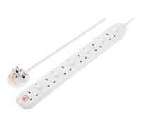 Masterplug Six Socket Extension Lead, 2 Metre Cable, Surge Protection, Individual Switches, Power and Surge LED Indicators, 6-Way Plug Extension Cable, Power Strip, White, 13A, 6G, 2m, SWSRG6210N