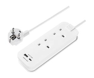 Masterplug Two Socket Travel Extension Lead with Fast Charge USB-AC Ports and Case, UK to EU Travel Adaptor, Compact Design, 45cm Cable, White, 20W, TAEUR2UAC20