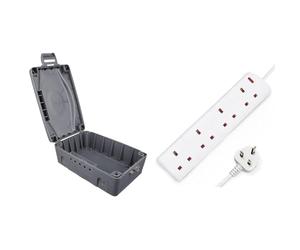 Masterplug WBX-MS Weatherproof Electric Box for Outdoors, 345 x 220 x 126.5 mm, Grey & DESIRETECH White Electric Extension Lead 4 Gang 2 Metre | 2m Long Cable | UK Plug 3 Pin Socket Outlet