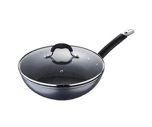 MasterPro - Forged Aluminium Wok with Glass Lid, 28cm - Induction Base with Non-Stick Marble Coating, Professional Quality, Improved Heat Retention & Distribution - MP Home Edition Black
