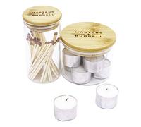 Masters & Burrell Glass Storage Jars with Bamboo Lids Airtight Kitchen Food Canister Cylinder Clear Preserving Seal High Borosilicate Glass Includes Sticker and Chalk M&B (Candle & Matchstick Set)