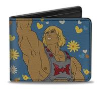 Masters of the Universe Wallet, Bifold, MOTU He Man By the Power of Love Hearts Pose Blues Yellows, Vegan Leather
