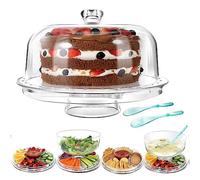MASTERTOP Cake Stands with Dome Lid, 6 in 1 Multi-functional Cake Serving Platter Snack Fruit Server, Salad Punch Bowl for Kitchen, Party, BBQ, Picnic, Send 2pcs Spoons - Clear