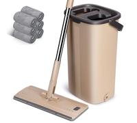 MASTERTOP Mop and Bucket Set, Hands-Free 2-in-1 Floor Mop with Self-Cleaning Bucket, Adjustable Stainless Steel Handle, 6 Microfibre Pads, for Hardwood, Laminate, Tiles & Marble