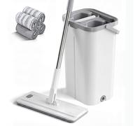 MASTERTOP Mop and Bucket Set - Hands Free Self-Cleaning Flat Mop with 4 Reusable Microfibre Pads - 360° Swivel Head - Telescopic Handle for Hardwood Laminate Tile Floors