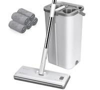 MASTERTOP Mop and Buckets Sets, Hands-Free Microfibre Flat Mop and Buckets Sets with 5 Reusable Pads, 360° Rotating Mop Bucket with Wet Dry Wringer, Floor Mops for Hardwood Tile Marble Floors - White