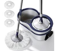 MASTERTOP Spin Mop and Bucket Set - Foot Pedal Wringing - 360° Rotating Head - Telescopic Stainless Steel Handle - 3 Reusable Microfibre Pads for Hardwood Laminate Tile Vinyl Floors