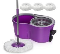MASTERTOP Spin Mop and Bucket Set, Mop and Bucket with Wringer, Wet and Dry Floor Mops Bucket Set with 3 Reusable Pads, Mops Set for Cleaning Hardwood Laminate Tile Floor - Purple, 43x25x131cm