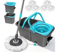 MASTERTOP Spin Mop and Bucket Set - Separated Clean & Dirty Water System - Foot Pedal Wringing - 6 Reusable Microfibre Pads - 360° Rotating Head & Telescopic Handle for Hardwood Laminate Tile Floors