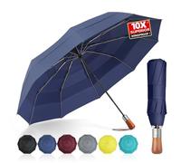 MasterUmbrella 3-Layer Vented Canopy Windproof Commuter Umbrella for Rain, Auto Open/Close, 10 Fiberglass Ribs, Wooden Handle, 13" Folded, 47" Large Coverage for 1-2 People, Lifetime Replacement