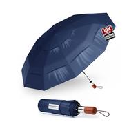 MasterUmbrella Windproof Folding Commuter Umbrella for Strong Wind & Rain, 10-Rib Reinforced Frame, 3-Layer Vented Canopy, Auto Open/Close, 47" Coverage for 1-2 People, Wooden Handle, 13" Folded