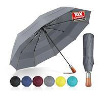 MasterUmbrella Windproof Folding Commuter Umbrella for Strong Wind & Rain, 10-Rib Reinforced Frame, 3-Layer Vented Canopy, Auto Open/Close, 47" Coverage for 1-2 People, Wooden Handle, 13" Folded