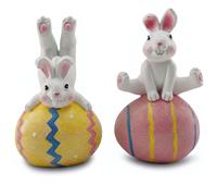 masteymoh Easter Bunny Figurines, Set of 2, Whimsical Rabbit on Glitter Easter Egg Statue for Spring Home Decor, Easter Decorations for The Home, Tiered Tray, Mantel & Table, 6x4x3-Inch