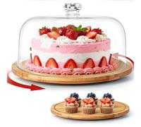 Masthome Cake Stand with Lid, 12 Inch Wooden Cake Plate with Clear Dome, Cake Dome with Acrylic Cover, Rotating Cake Display Stand for Kitchen Birthday Picnic Party Wedding, Food Serving Platter Stand