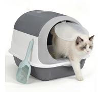 Masthome Cat Litter Tray, Cat Litter Box with Lid, Enclosed Cats Litters Box, Litters Toilet for Small and Medium Cats, Anti-Spill, Easy to Clean, with Charcoal Bag and 1 Litter Scoop, Grey