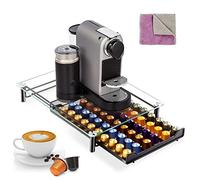 Masthome Coffee Pods Storage, 60 Capsule Coffee Pod Drawer with Tempered Glass Top, Coffee Pod Holder with Coffee Machine Stand & Anti-Slip Feet for Kitchen Office, Send 1 Cleaning Cloth (Metal/Black)