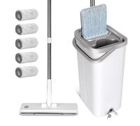 Masthome Flat Mop and Buckets Sets,Floor Mop and Bucket with 5 Reusable Pads,140cm Retractable Handle Microfibre Washable Mops wtih 360° Swivel Head for Laminate, Tile, Hardwood Floors