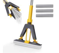 Masthome PVA Sponge Mop, Easy Floor Mop with 3 Super Absorbent Foam Heads, Hands-Free Extended Self Squeeze Mops with Stainless Steel Handle, Sponges Mops for Cleaning Laminate, Tile, Hardwood Floor