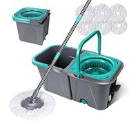 Masthome Spin Mop and Bucket Set, Microfibre Mop and Buckets Sets with 132cm Telescopic Handle & 6pcs Mop Pads, Space-Saving Folding Bucket with 2 Compartments, 360° Rotating Floor Mop