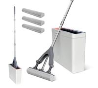 Masthome Sponge Mop and Bucket, Lazy Squeeze Mop Bucket with 3pcs Super High Absorption Sponge Heads, 133cm Adjustable Height Sponge Mops for Cleaning Laminate, Tile, Hardwood Floor Cleaning