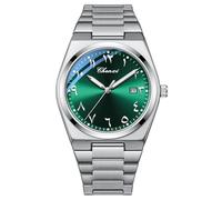MASTOP Arabic Dial Men's Quartz Watch Silver Stainless Steel Luminous Waterproof Business Casual Wristwatch with Date Display, Silver Green, Vintage Fashion Dainty