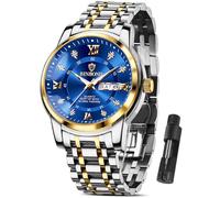 MASTOP Business Watch for Man Luxury Diamond Watch Luminous Date Week Quartz Analog Stainless Steel Sports Classic Elegant Men's Dress Watches Roman Numeral with Tool, Gold Blue, Casual Luxury Men's