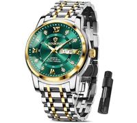 MASTOP Business Watch for Man Luxury Diamond Watch Luminous Date Week Quartz Analog Stainless Steel Sports Classic Elegant Men's Dress Watches Roman Numeral with Tool, Gold Green, Casual Luxury Men's