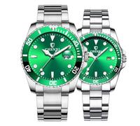 MASTOP Couple Watches Classic Golden Stainless Steel Watch His and Hers Waterproof Quartz Watch…, Silver green, Quartz Watch