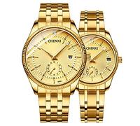 MASTOP Couple Watches Dress Wrist Watch Golden Watch Men Women Stainless Steel Waterproof Quartz Watch, Gold, Quartz Watch