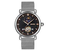 MASTOP Luxury Top Brand Business Automatic Watch Men Luxury Moon Phase Mechanical WatchMesh Belt Mechanical Men's Watches Hollow Clock Pagani Design., silver black, Mechanical,Self-winding