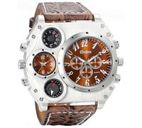 MASTOP Men’s Oversized Multi-Function Quartz Watch Large Face Dual Time Zones, Decorative Compass & Thermometer, Military Steampunk Style Leather Strap Wristwatch, Gift for Adventurous Men, Brown