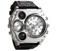 MASTOP Men’s Oversized Multi-Function Quartz Watch Large Face Dual Time Zones, Decorative Compass & Thermometer, Military Steampunk Style Leather Strap Wristwatch, Gift for Adventurous Men, Silver
