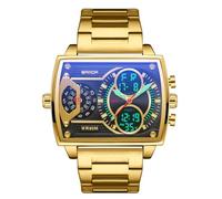 MASTOP Men Square Large Face Digital Sports Watch LED Analog Quartz Wrist Watch with Multi-Time Zone Waterproof Stopwatch, Gold, super cool design oversized case rectangular men square large face