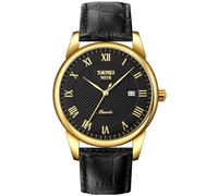 MASTOP Mens Analog Quartz Watch Roman Numeral Business Casual Wrist Watch Classic Calendar 30M Waterproof Comfortable Leather Watches, Gold Black, Quartz Watch