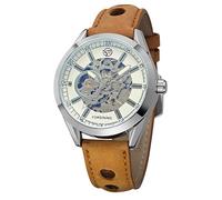 MASTOP Men's Automatic Mechanical Watch Top Brand Luxury Open Working Design Automatic Leather Men Wrist Watch, Brown, Silver, White