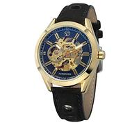 MASTOP Men's Automatic Mechanical Watch Top Brand Luxury Open Working Design Automatic Leather Men Wristwatch, Black and Gold