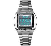 Mens Watches Military Sports Watches Waterproof LED Dual-Time Countdown Alarm Luminous Digital Watch (Silver)