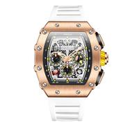MASTOP Mens Hollowed Tonneau Square Watches Automatic Mechanical Analog Fashion Punk Chronograph Unique Sports Wrist Watch Japanese Movement Luminous Design with Rubber Band, White Gold, Mens Hollowed