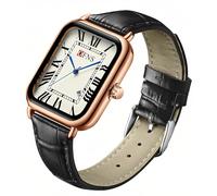 MASTOP Men's Leather Strap Watch Retro Vintage Square Quartz Analog Dainty Rectangle Square Brown Strap Simple Blue Pointer Roman Numerals Business Casual Dress Wristwatch, Black Gold, vintage men's