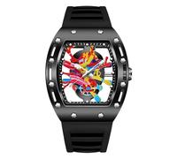 MASTOP Mens Luxury Tonneau Fashion Transparent Hallow Bottom BuPunk Graffiti Art Dial Hip-hop Unique Sports Wrist Watch Japanese Movement Luminous Design with Silicone Band, Black Black, watches for