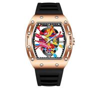MASTOP Mens Luxury Tonneau Fashion Transparent Hallow Bottom BuPunk Graffiti Art Dial Hip-hop Unique Sports Wrist Watch Japanese Movement Luminous Design with Silicone Band, Black Gold, watches for