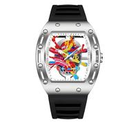 MASTOP Mens Luxury Tonneau Fashion Transparent Hallow Bottom BuPunk Graffiti Art Dial Hip-hop Unique Sports Wrist Watch Japanese Movement Luminous Design with Silicone Band, Black Silver, watches for