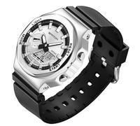 MASTOP Men's Watch Digital/Analog Combination Japan Import Sport Casual Watch, Stainless Steel Watch, Rubber Band Silver Black Dial, 3 Hand, Date Alarm Clock Stopwatch, Silver, Casual Luxury Men's